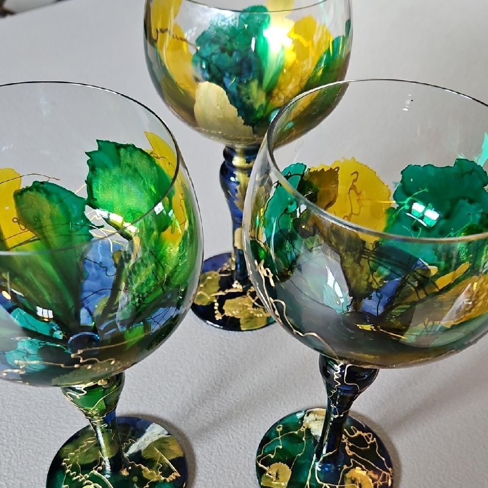 Hand-Painted Glass Goblets with Green and Gold Accents